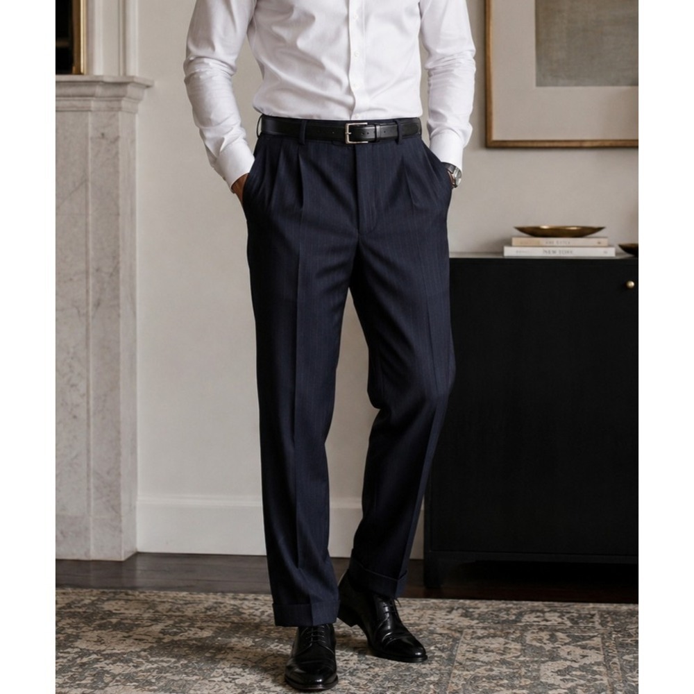 Stafford Navy Pinstripe Dress Pants Men's 36x30 Pleated Wool Blend NWT